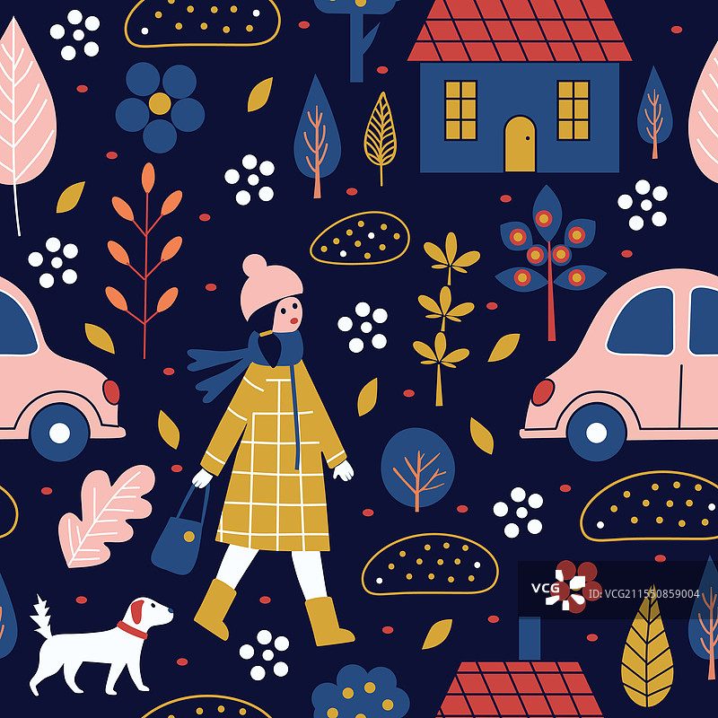 秋天，女孩牵着狗在街上散步图片素材