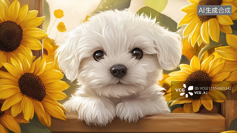 【AI数字艺术】向日葵中的小狗图片素材