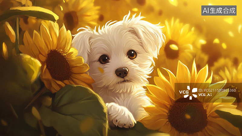 【AI数字艺术】向日葵中的小狗图片素材