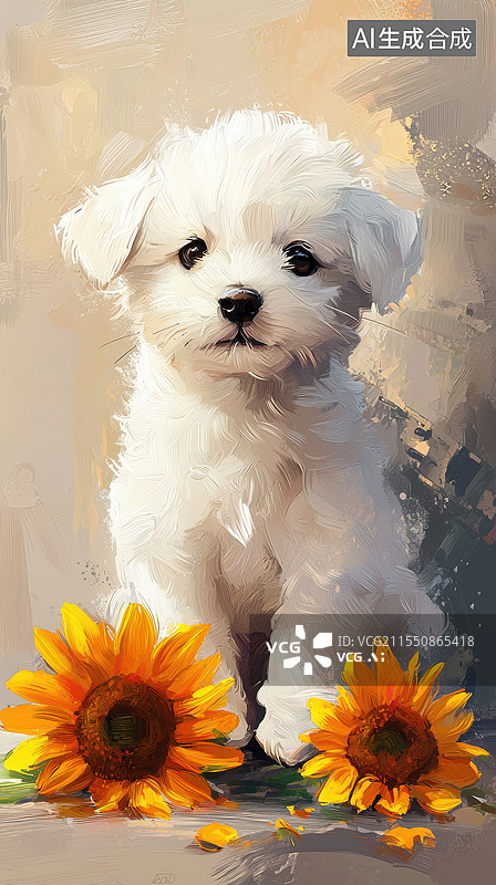 【AI数字艺术】向日葵中的小狗图片素材