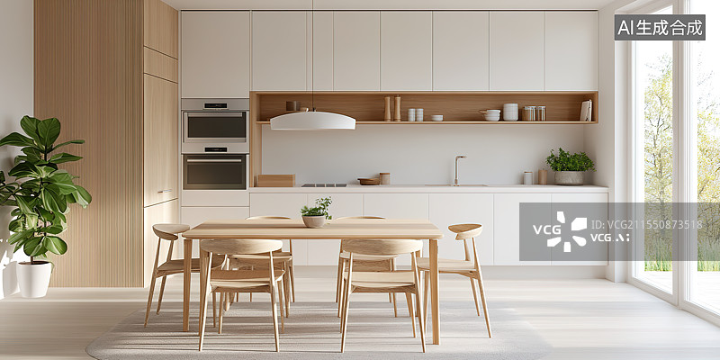 【AI数字艺术】现代风格奶油色厨房室内设计图片素材