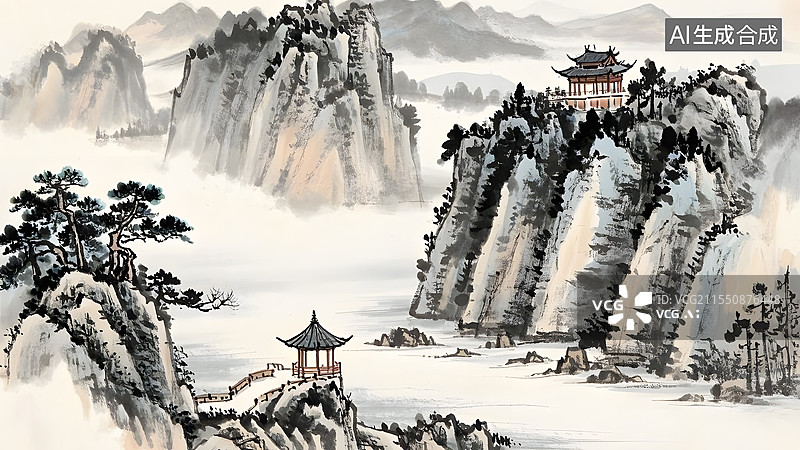 【AI数字艺术】国风写意水墨画山水亭台楼阁荷花小鸟图片素材