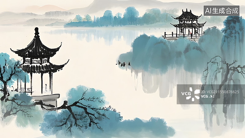 【AI数字艺术】国风写意水墨画山水亭台楼阁荷花小鸟图片素材