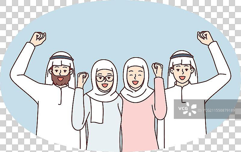 身穿阿拉伯服装的人们庆祝胜利图片素材