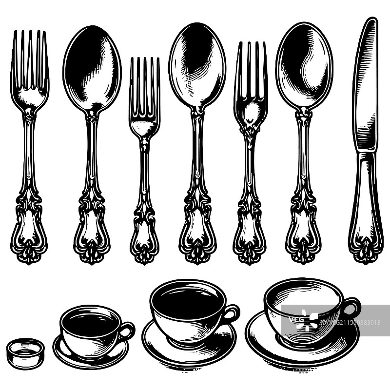 复古餐具和茶杯的雕刻图片素材