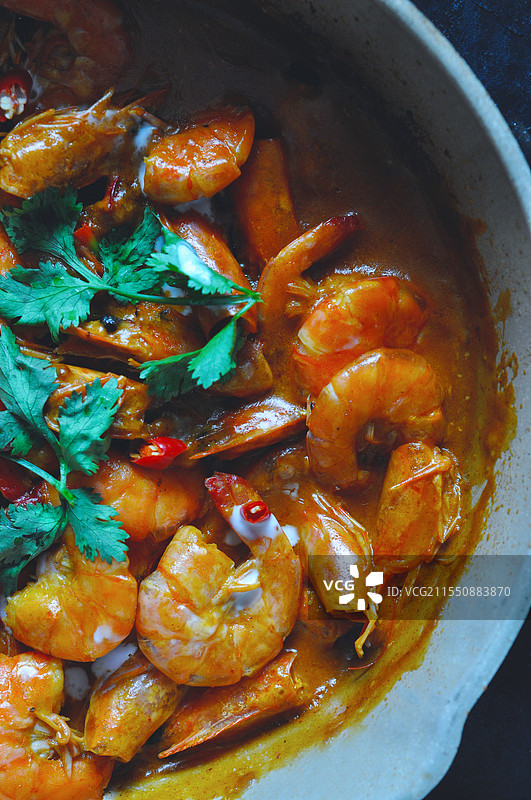 咖喱虾 咖喱 鲜虾 印度菜 菜谱  食谱  俯拍  美食 诱人  特写 微距 橙色 橘色  厨房图片素材