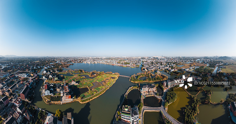 杭州市临平区 塘栖镇丁河村丁山湖水乡风光全景 航拍图片素材