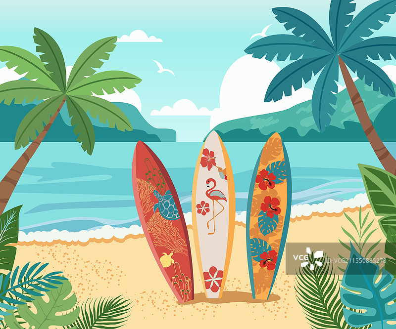 三块冲浪板矗立在热带海滩上图片素材