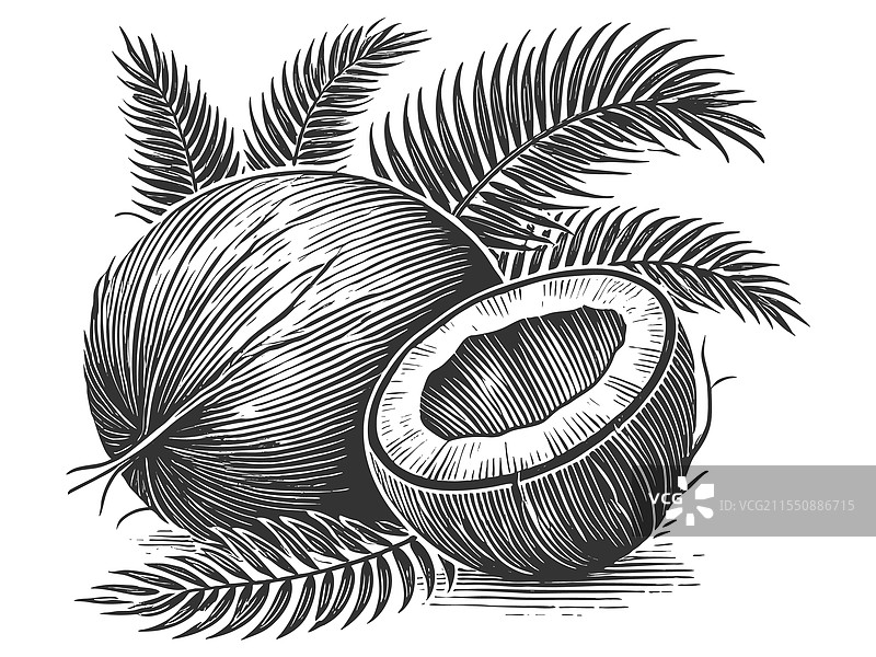 整颗和切开的椰子雕刻图案图片素材