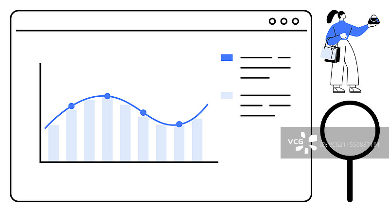 商务女性在屏幕上进行数据分析并展示图表图片素材