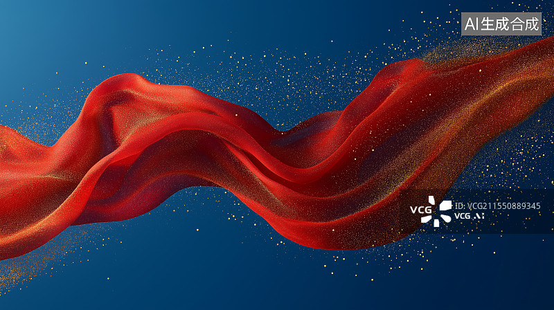 【AI数字艺术】蓝色背景下飘动的红色丝绸丝带背景图片素材