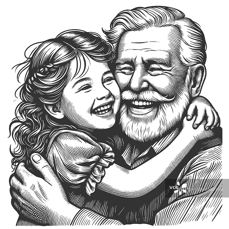 祖父拥抱孙女的雕刻图片素材