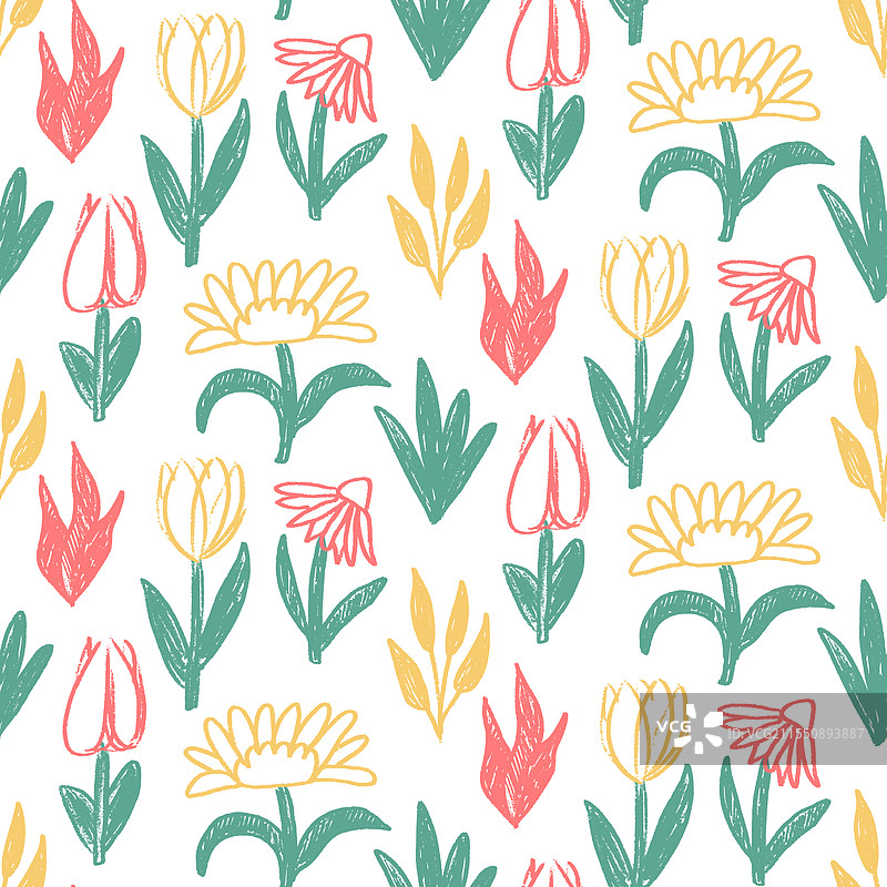 彩色蜡笔画的花卉无缝图案图片素材