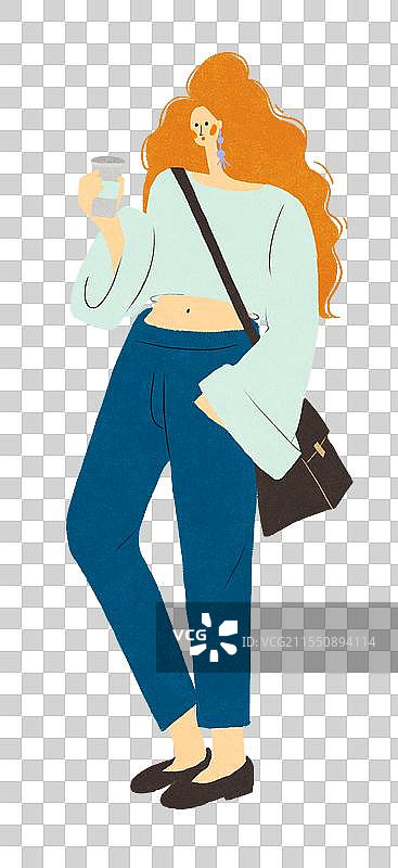 拿咖啡背斜挎包长卷发的时尚女孩插画免抠元素图片素材