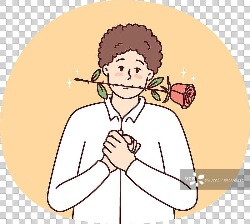 害羞的年轻男子嘴里叼着玫瑰，双手紧握。图片素材
