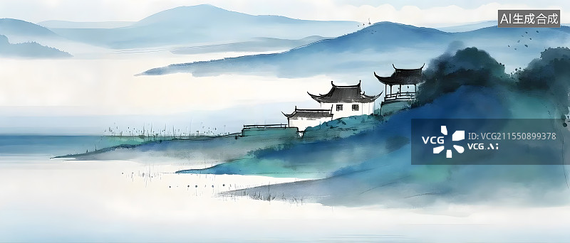 【AI数字艺术】一幅水墨山水画，近处坡上有中式楼阁，远处山峦云雾缭绕、水域开阔，意境悠远图片素材