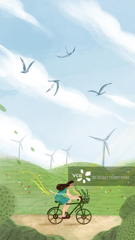 蓝天下少女骑着自行车从经过青草地图片素材