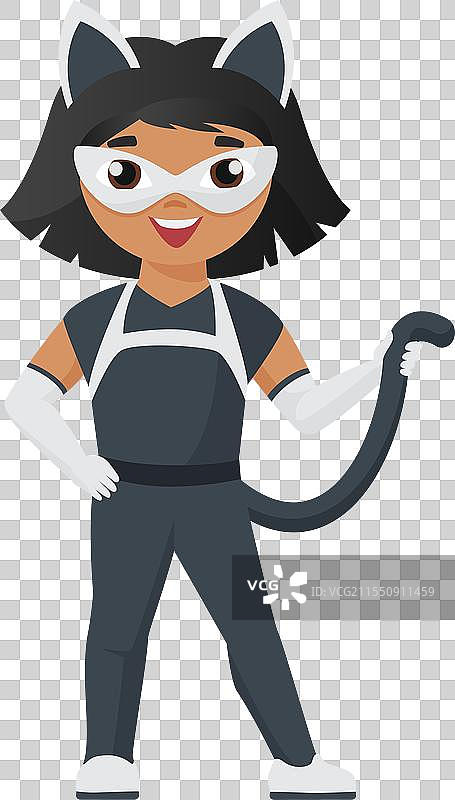 穿着嘉年华服装和猫面具的快乐女孩图片素材