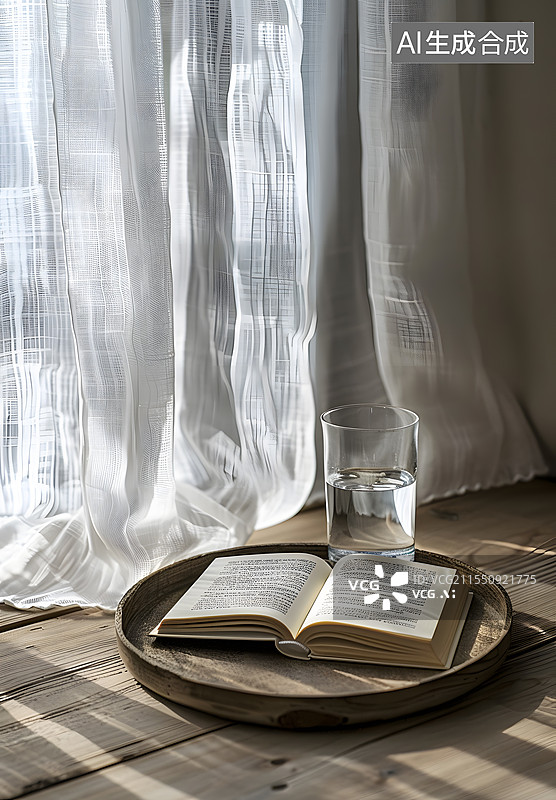 【AI数字艺术】窗户窗帘边放着的书本和水杯图片素材
