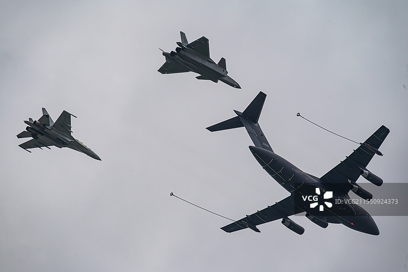 长春航展上空军歼击机与运20加油机同框图片素材