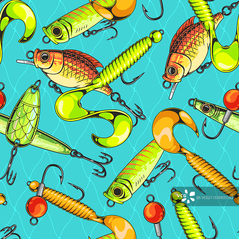 五颜六色的钓鱼饵在蓝色背景上排列图片素材