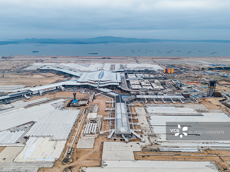 清晨建设中的厦门翔安国际机场航拍全景图片素材