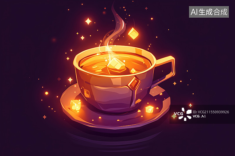 【AI数字艺术】黑底荧光色装备冒热气的魔力咖啡3D立体游戏厚涂原画图片素材