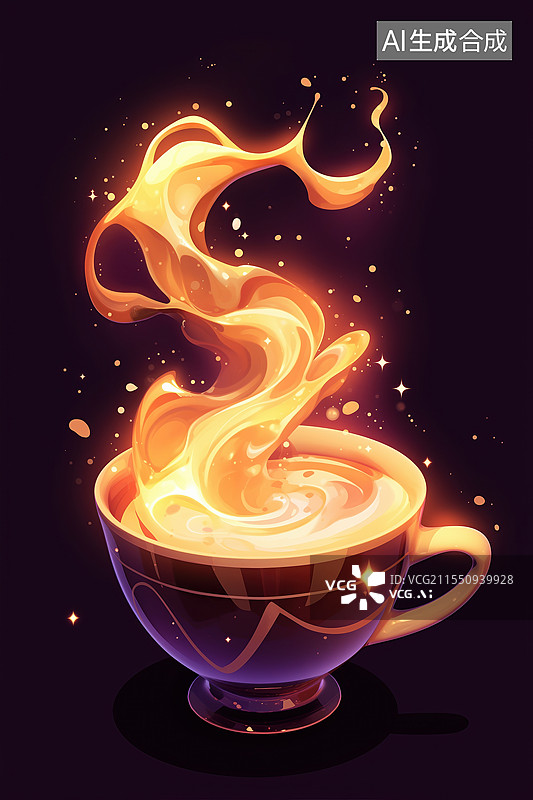 【AI数字艺术】黑底荧光色装备冒热气的魔力咖啡3D立体游戏厚涂原画图片素材