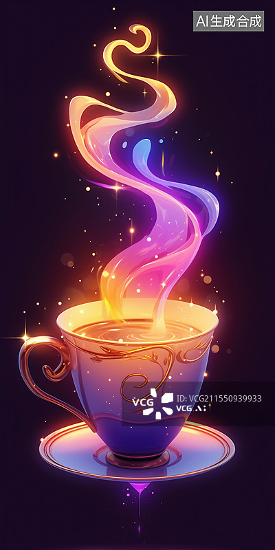 【AI数字艺术】黑底荧光色装备冒热气的魔力咖啡3D立体游戏厚涂原画图片素材