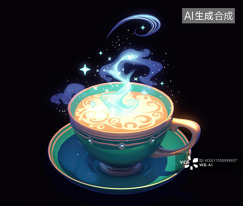 【AI数字艺术】黑底荧光色装备冒热气的魔力咖啡3D立体游戏厚涂原画图片素材
