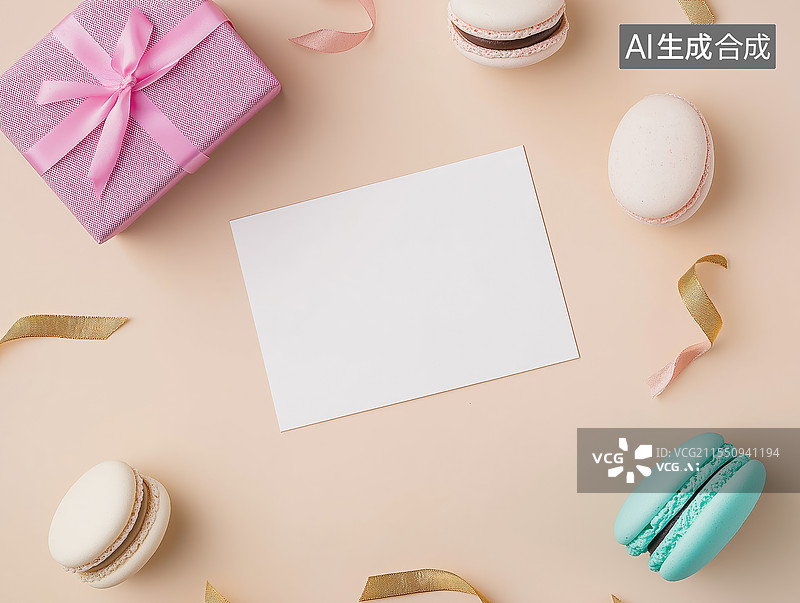 【AI数字艺术】马卡龙礼物和空白的贺卡图片素材
