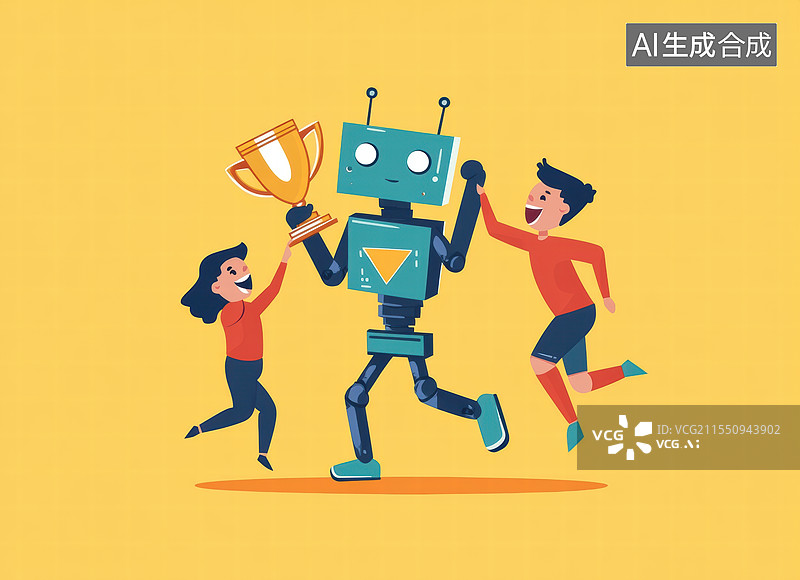 【AI数字艺术】一个机器人和两个人类一起庆祝胜利的场景。图片素材