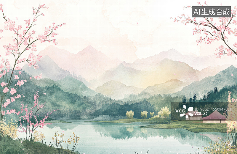 【AI数字艺术】雪山湖畔小屋图片素材