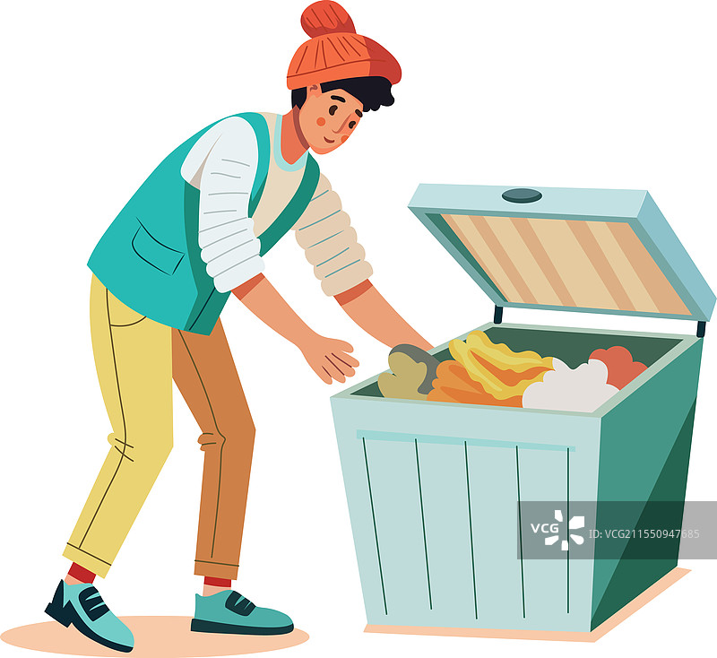 一个角色在垃圾箱旁边的平面图图片素材