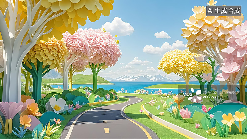 【AI数字艺术】3D剪纸艺术风格田园风光与空白的汽车公路背景图片素材