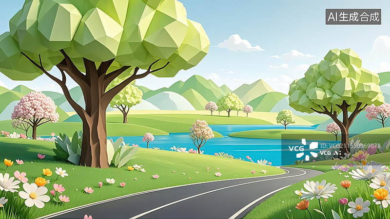【AI数字艺术】3D剪纸艺术风格田园风光与空白的汽车公路背景图片素材