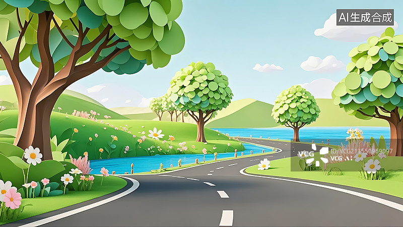 【AI数字艺术】3D剪纸艺术风格田园风光与空白的汽车公路背景图片素材