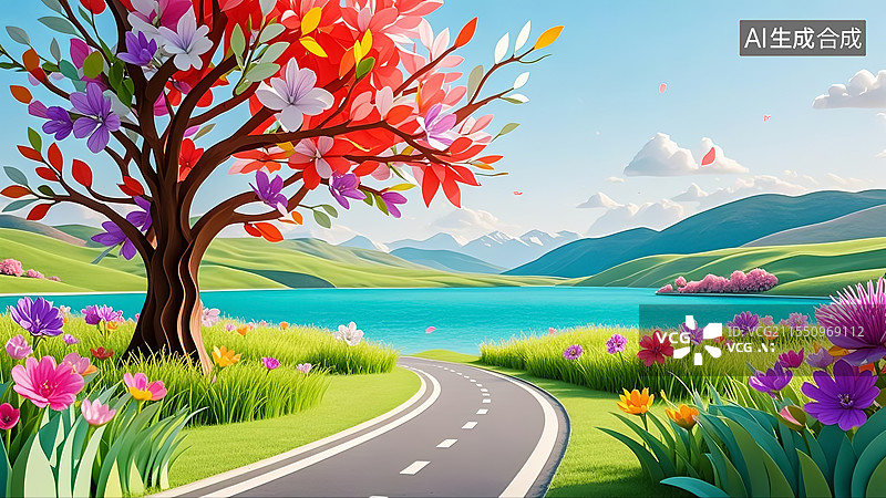 【AI数字艺术】3D剪纸艺术风格田园风光与空白的汽车公路背景图片素材