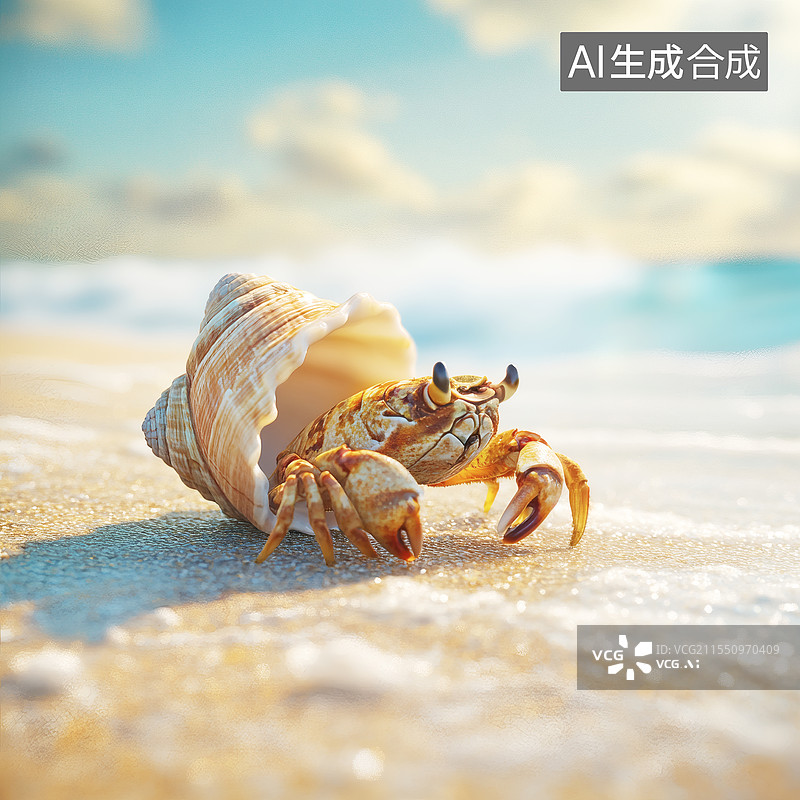 【AI数字艺术】AIGC：沙滩上的寄居蟹，自然风景，热带海岛，沙滩海洋背景图片素材