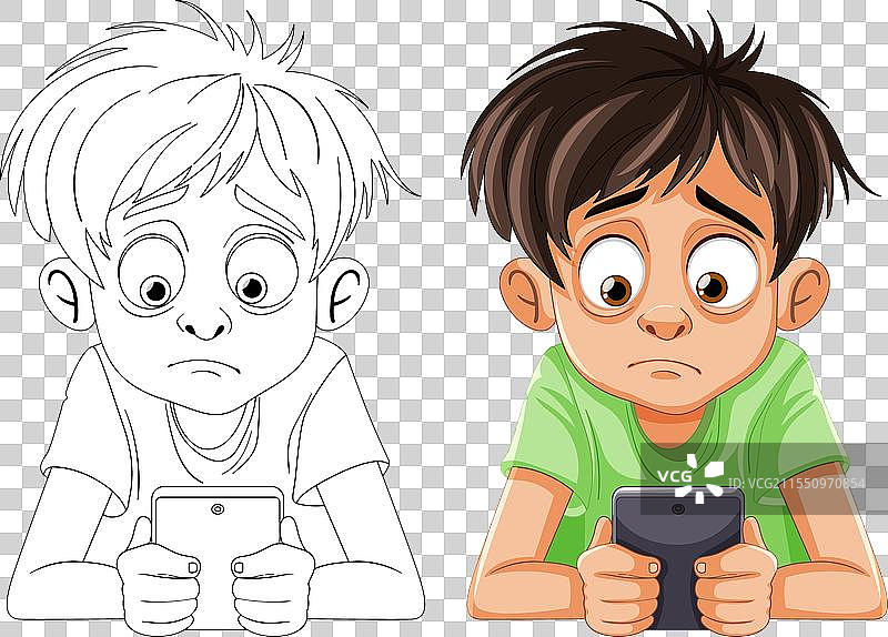 两个男孩专注地看着他们的智能手机图片素材