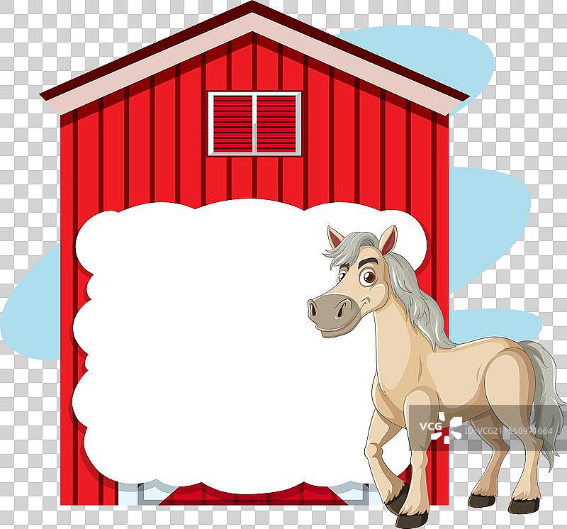 卡通马站在红色谷仓旁边图片素材
