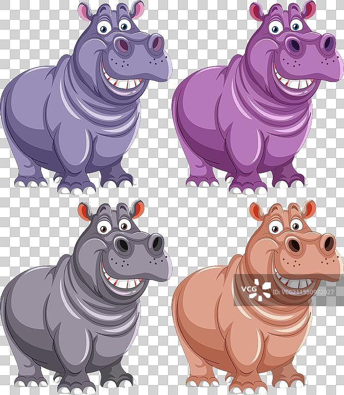 四只风格化的河马，色彩鲜艳，充满欢快气息图片素材