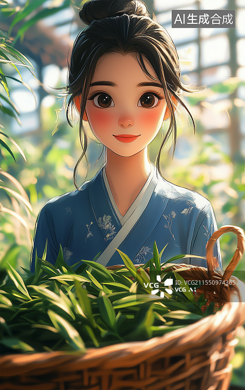 【AI数字艺术】采摘茶叶的可爱女生图片素材