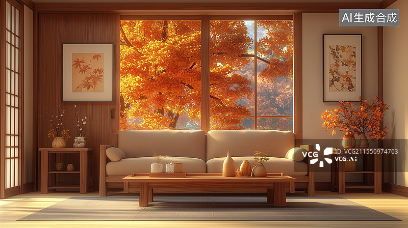 【AI数字艺术】日式秋景客厅设计图片素材
