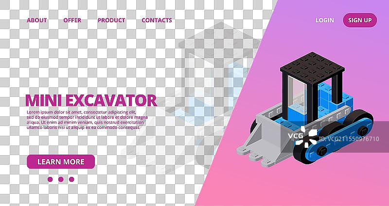 带有蓝色挖掘机的网页模板图片素材