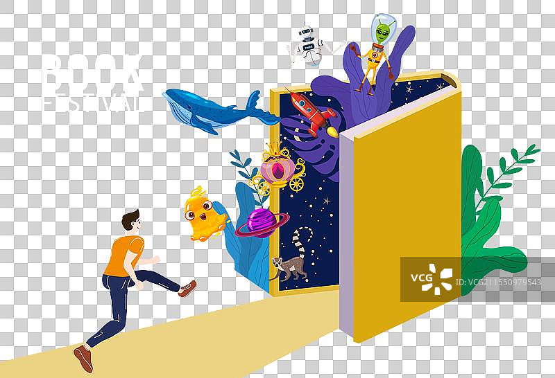 男孩在开放的巨大书展上奔跑的概念图片素材