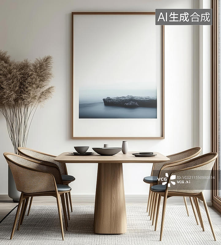 【AI数字艺术】现代简约餐厅与雾蒙蒙风景画图片素材