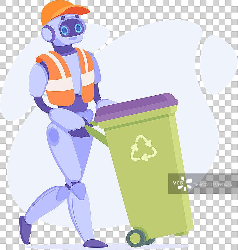 智能机器人清洁工推着垃圾桶图片素材