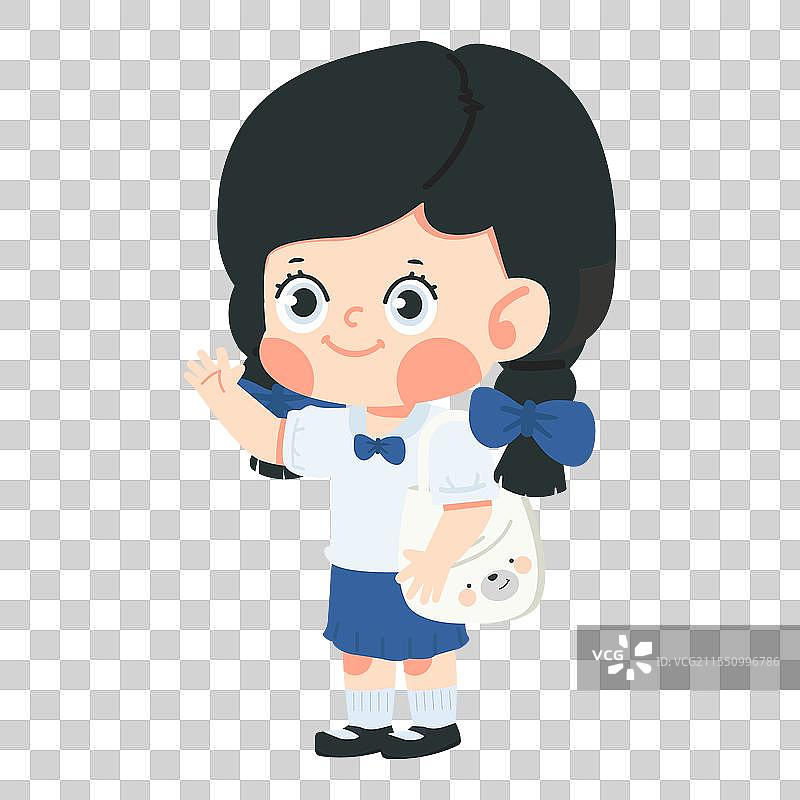 学生手持布袋，站着挥手。图片素材