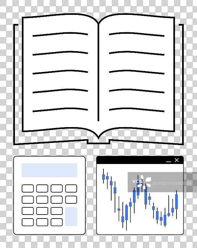 打开的书籍，旁边有计算器和股票图表窗口图片素材